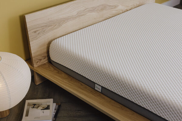 Oregon bed frame in ash with memory foam mattress, no bedding.