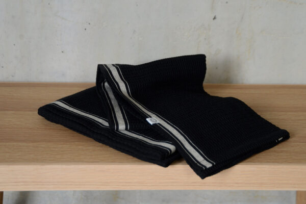 Black Beige Tea Towels on Oak Wireworks Bench