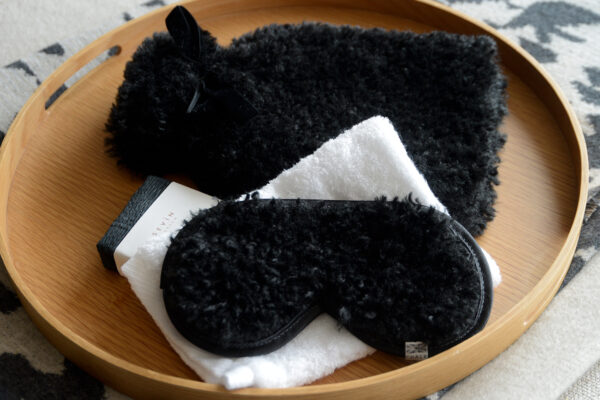 Black Teddy Hot Water Bottle Mask on Oak Wireworks Tray