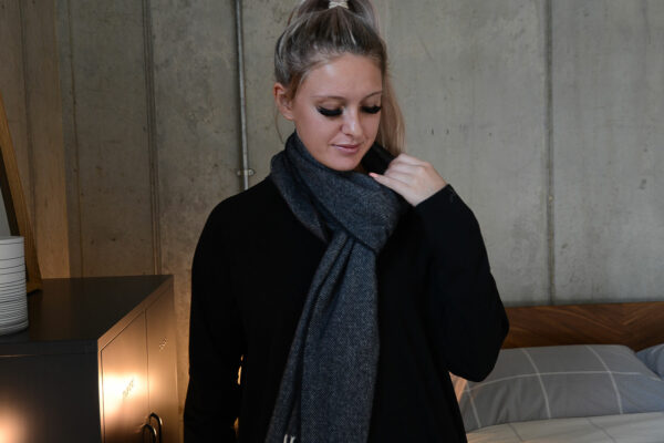 Black and Cream tube scarf on Maddie 1