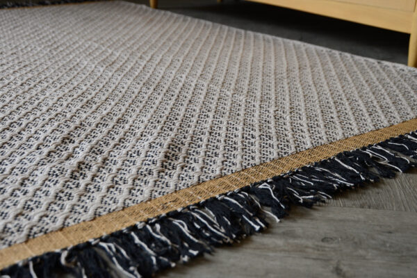 Boho Woven Cotton Rug Black Flat Tassel Detail