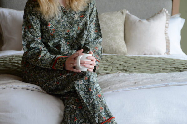 Botanical Berry PJs on model with mug