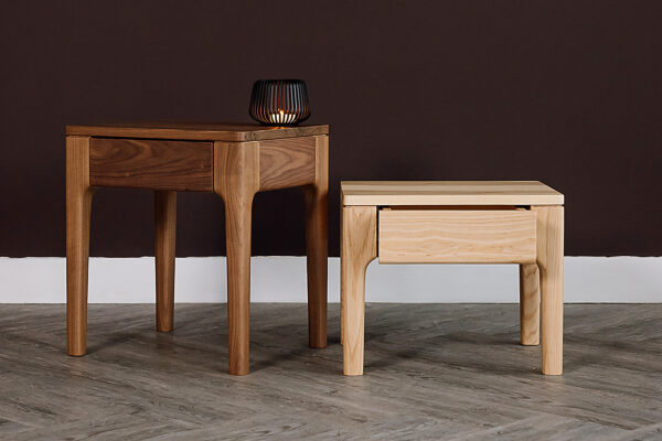 2 Camden bedside tables. One short in ash, one tall in walnut.