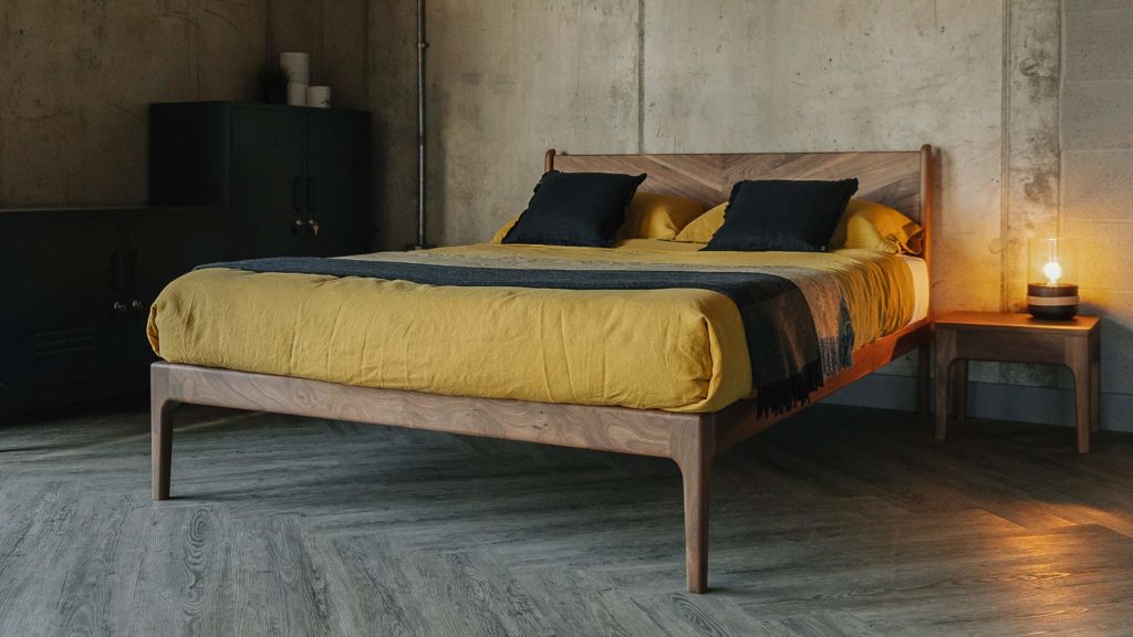 Hoxton bed with Camden bedside table in walnut 1