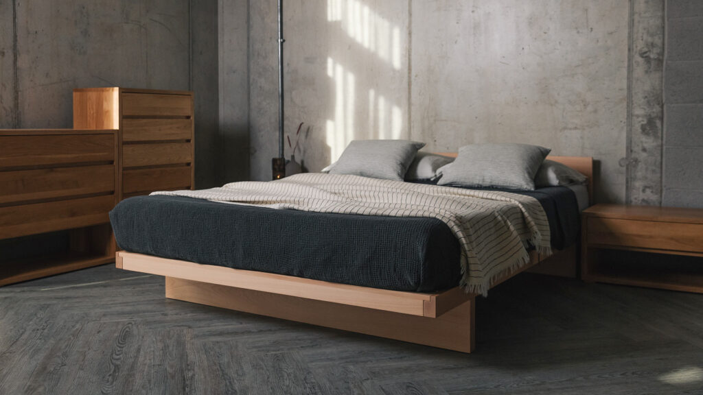 Kyoto bed with headboard in beech with oak storage units