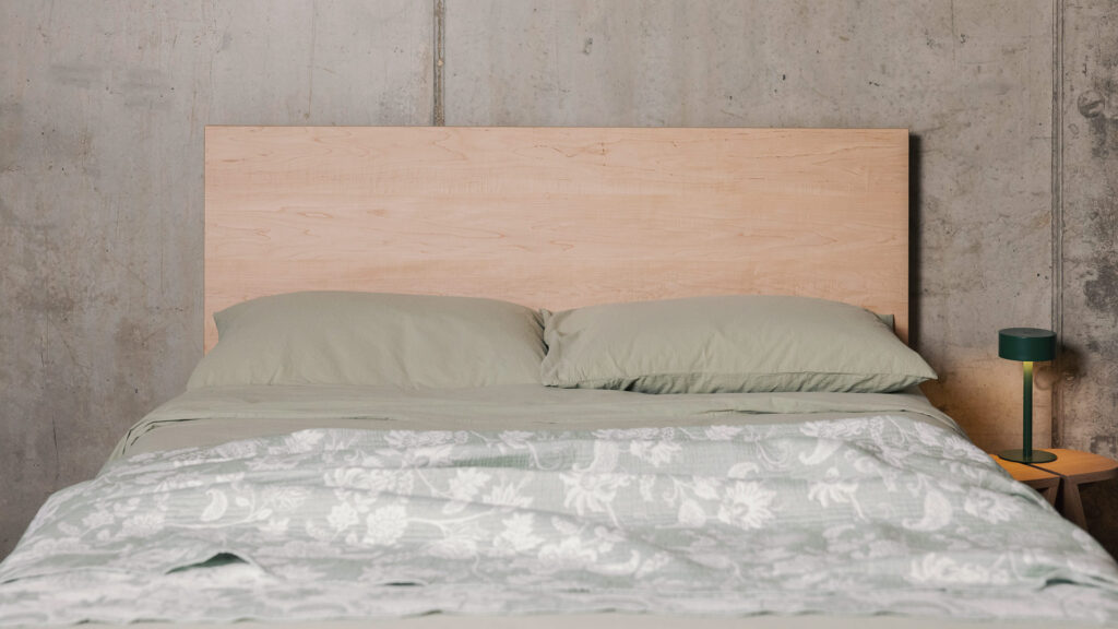 Maple bamford modern bed with sage bedding