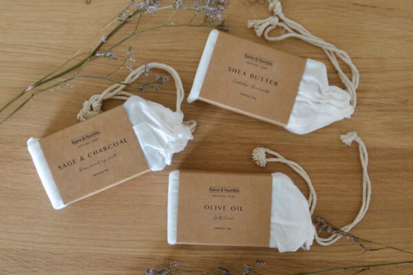 3 soap bars in linen bags. Shea butter, sage and charcoal and olive oil.
