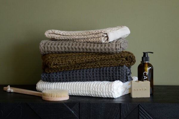 Organic Cotton Waffle Towel Stack with new Teak Colour