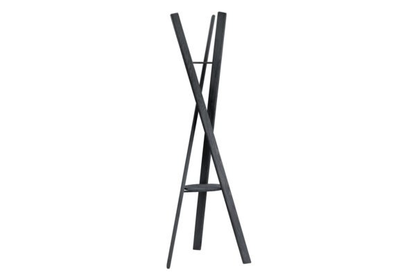 Black coat stand with 3 posts and a small round shelf.