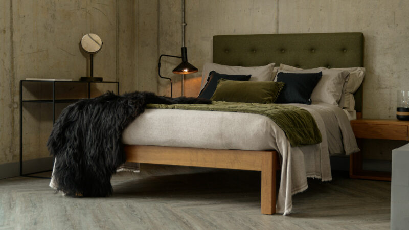 Skye bed with tall buttoned headboard in green