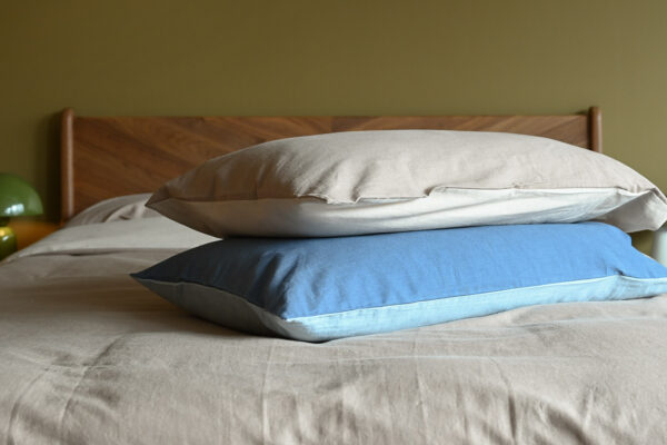 Cotton & linen bedding pillowcases in taupe and blue.