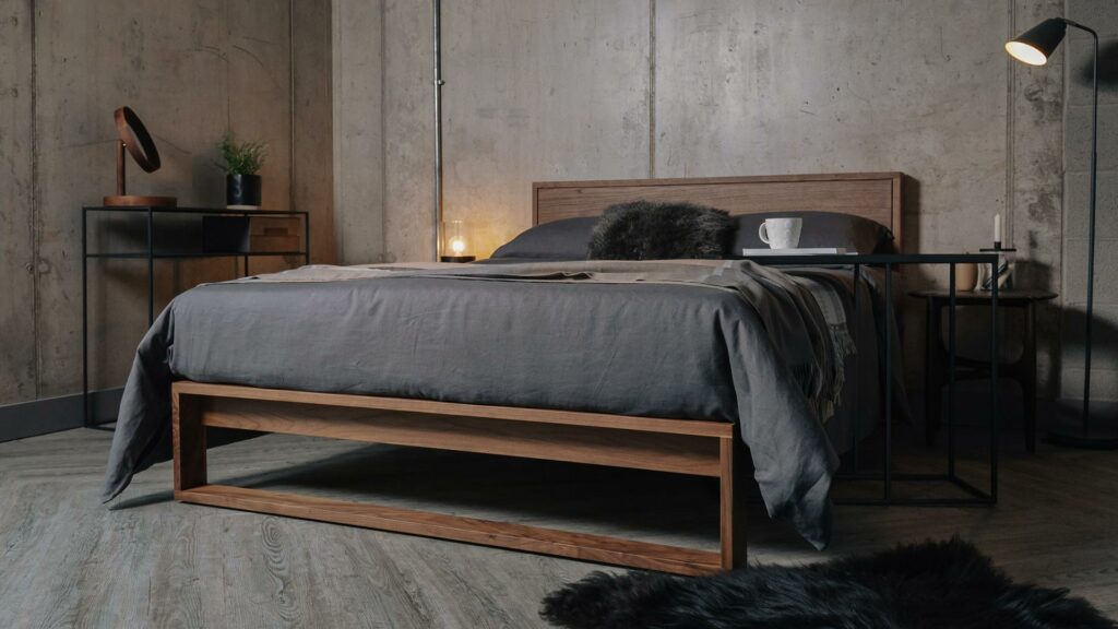 WALNUT LEITH MODERN BED WITH CHARCOAL LINEN BEDDING