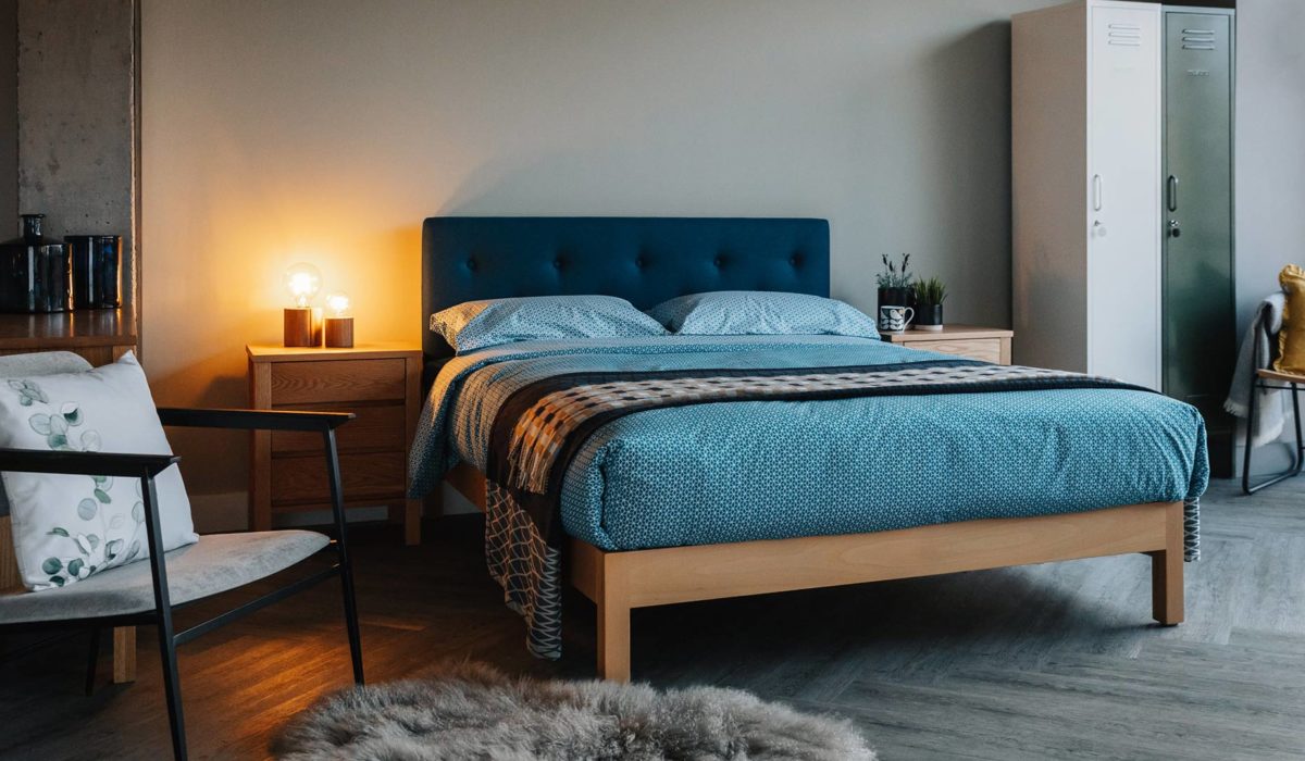 beech Arran bed with teal headboard