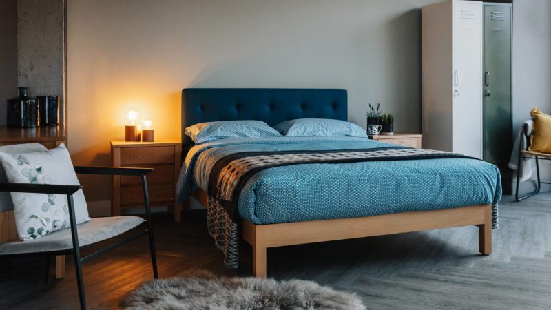 beech Arran bed with teal headboard