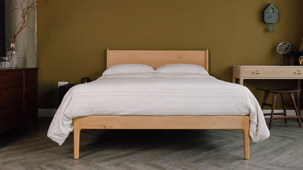 Beech Camden bed with soft cheesecloth textured duvet cover set in pure cotton. Room set.
