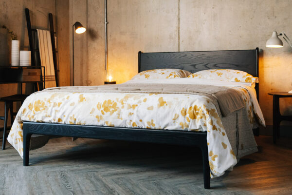 black oak camden bed with yellow ink flower duvet set