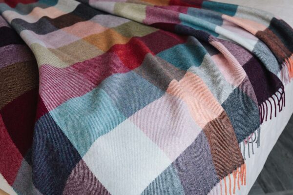 block pattern throw in blues and reds