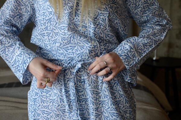 blue block print pyjamas detail