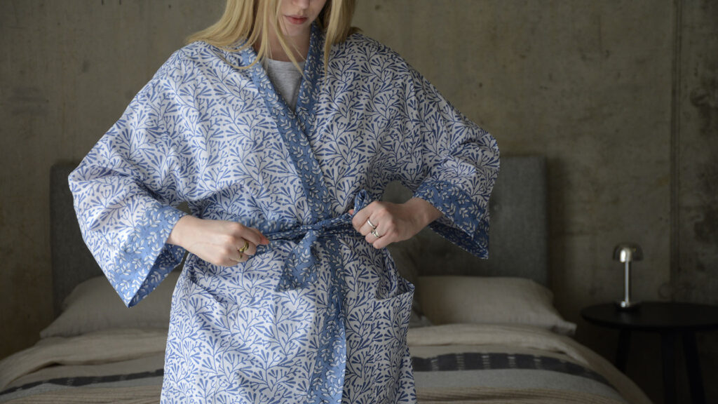 blue block print robe