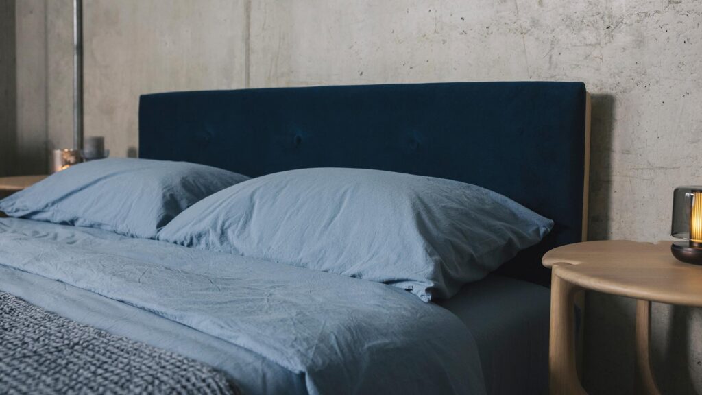 blue stonewashed bedding with blue eco velvet Iona headboard