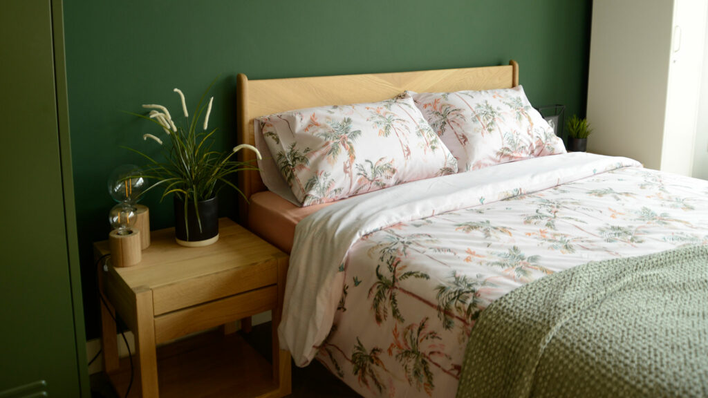 blush pink duvet set with pal tree pattern