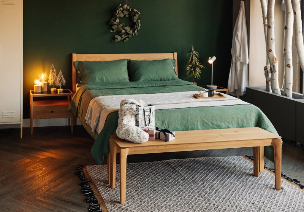 christmas bedroom green linen and oak furniture 1340