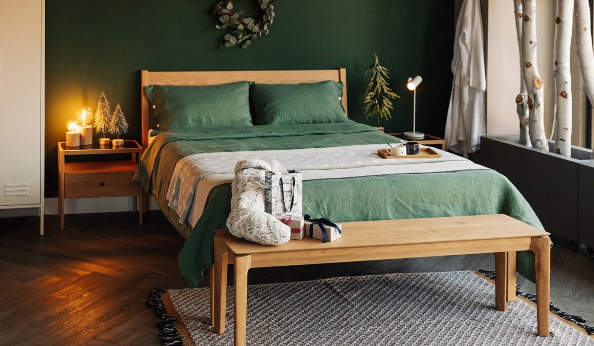 christmas bedroom green linen and oak furniture 1340