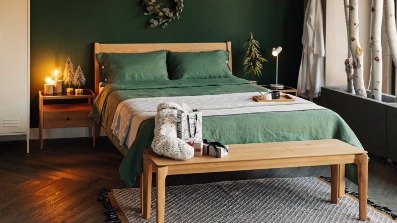 christmas bedroom green linen and oak furniture 1340