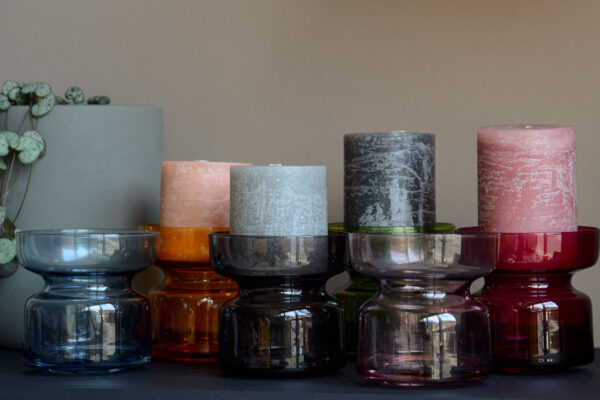 colourful glass candle holders with pillar candles
