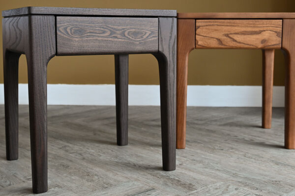Full view of cool smoked ash Camden Drawer Table in the tall size. Warm smoked version in background.