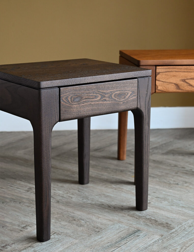 Portrait view of Camden Drawer Table from Natural Bed Company in Cool Smoked Ash.