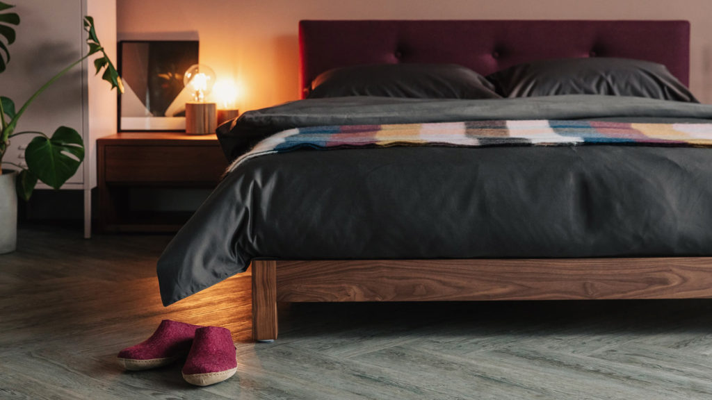 cranberry glerups slippers with Iona bed dressed with 1000 thread count bedding