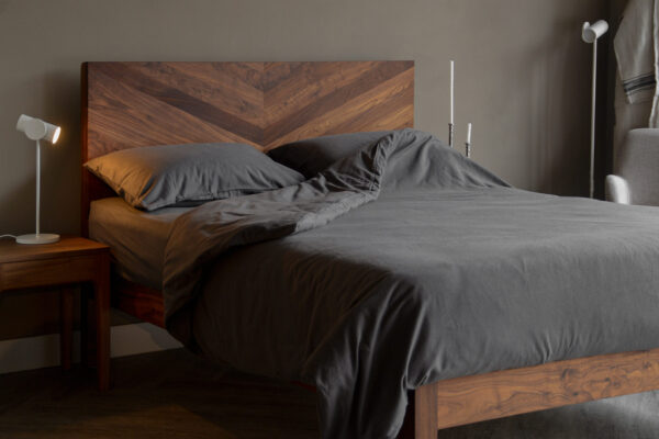 dark grey brushed cotton bedding on oiled Hathersage bed