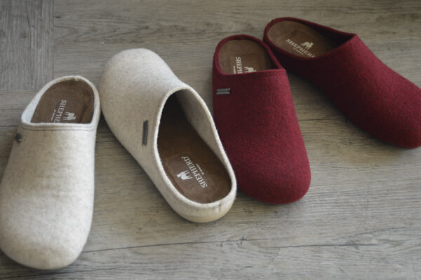 2 pairs of slippers - one red, one stone.