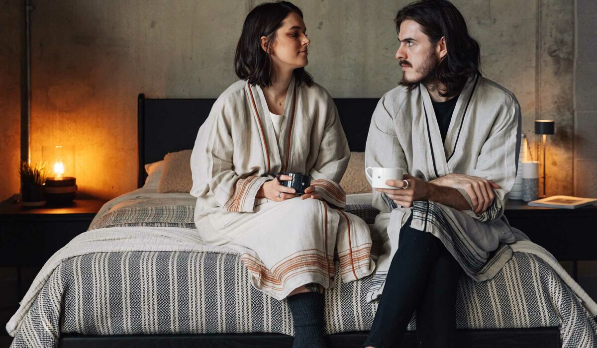 ecru linen blend robes with embroidered detail