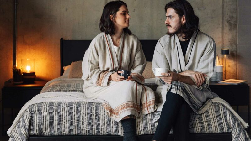 ecru linen blend robes with embroidered detail