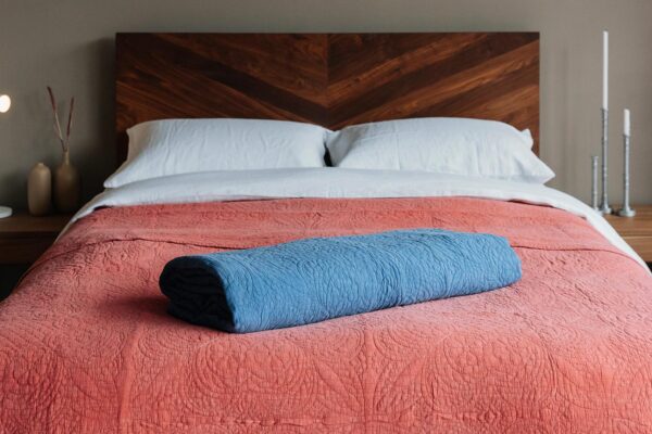 embroidered bedspreads blue or coral