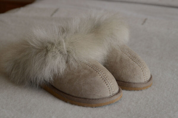 fawn slip ons with fluffy edge