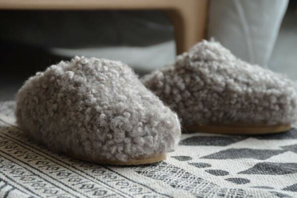 fluffy sheepskin slip ons in taupe 1920