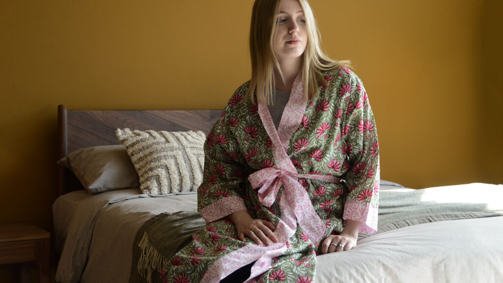 green and pink block print robe