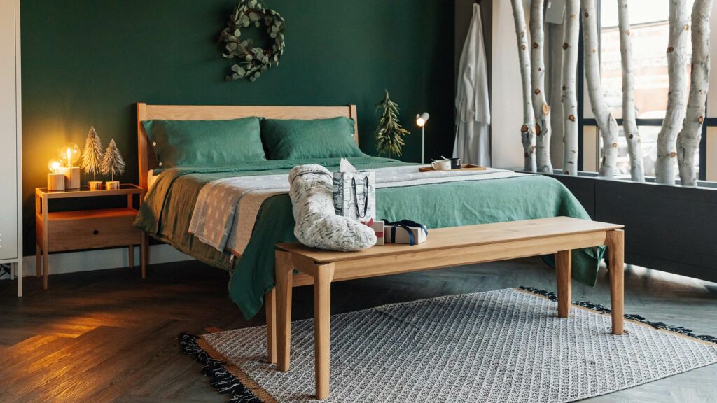 green linen bedding xmas look
