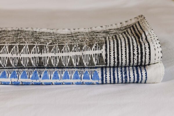 close up of grey and blue block print bedspreads, neatly folded on a white duvet.