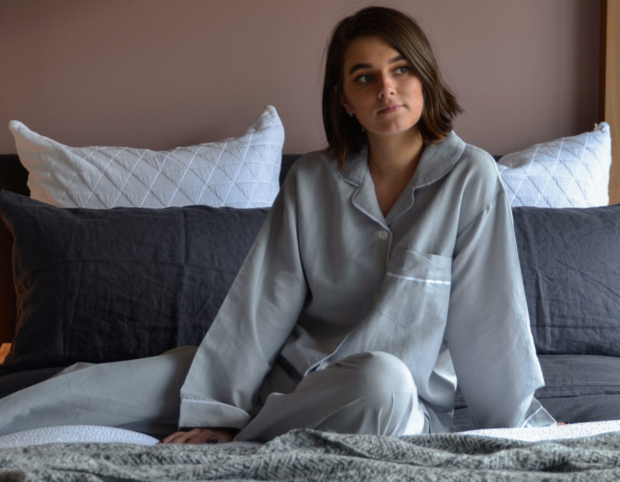 grey linen pjs on Beth 1920