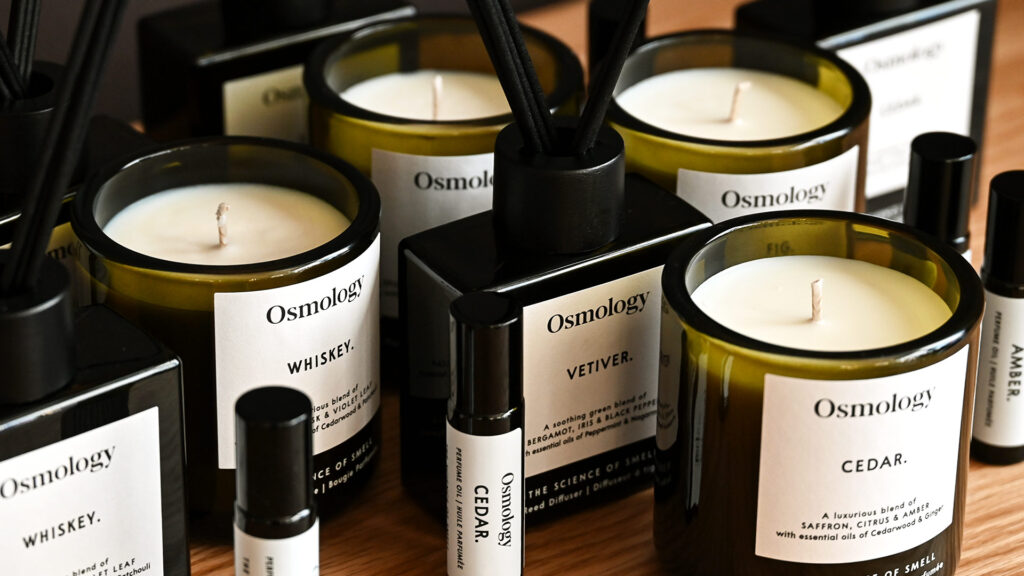 A group picture of multiple Aery candles, roll-on perfume oils and diffusers, in varying scents.