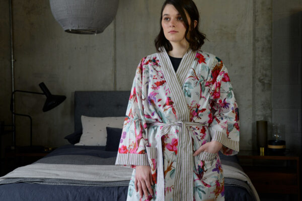 ivory and pink cotton robe birds and berries