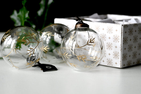 Box of Luxury Glass Christmas Ornaments - Gold Engraving