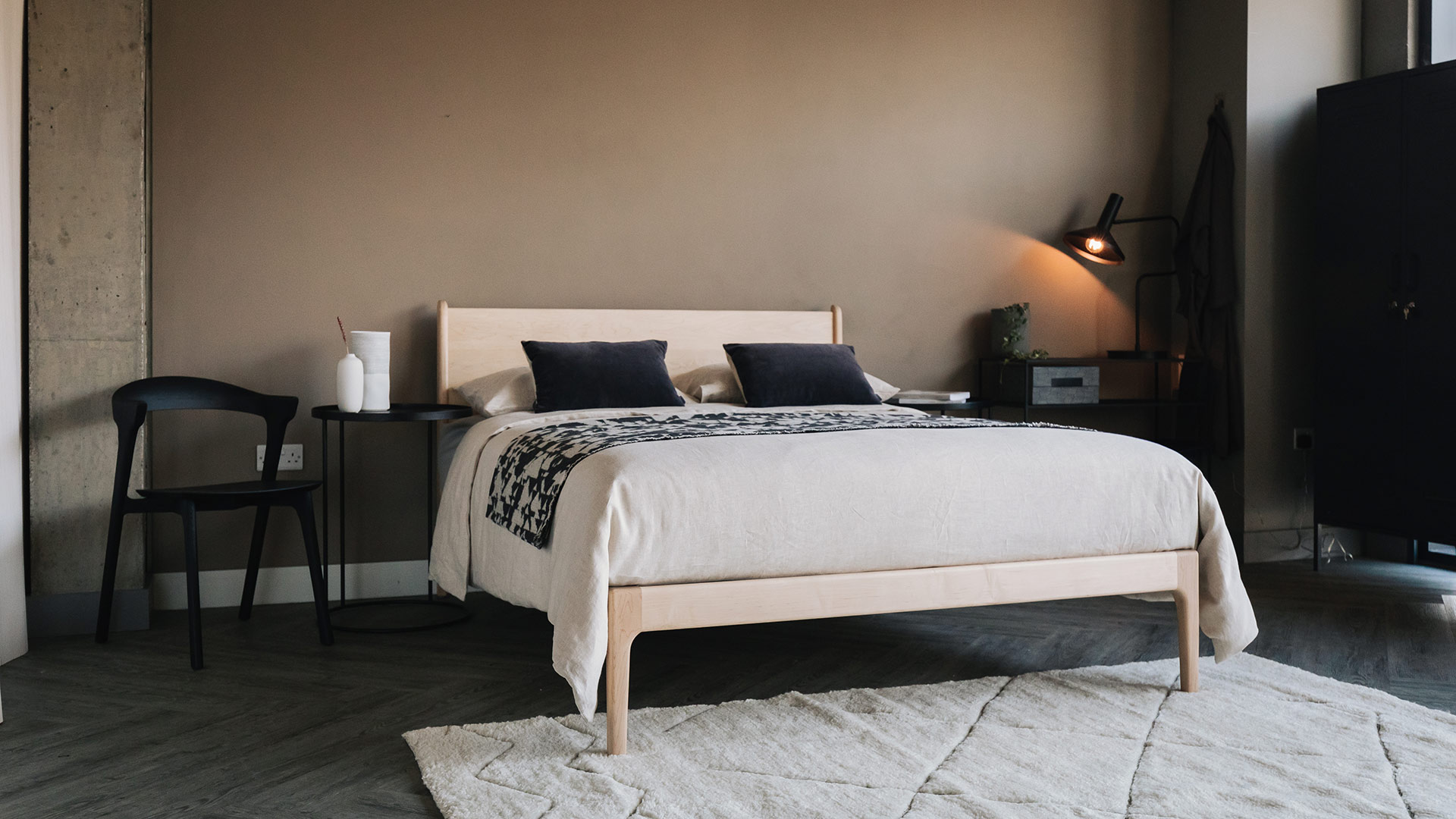 maple Camden bed base with charcoal accessories
