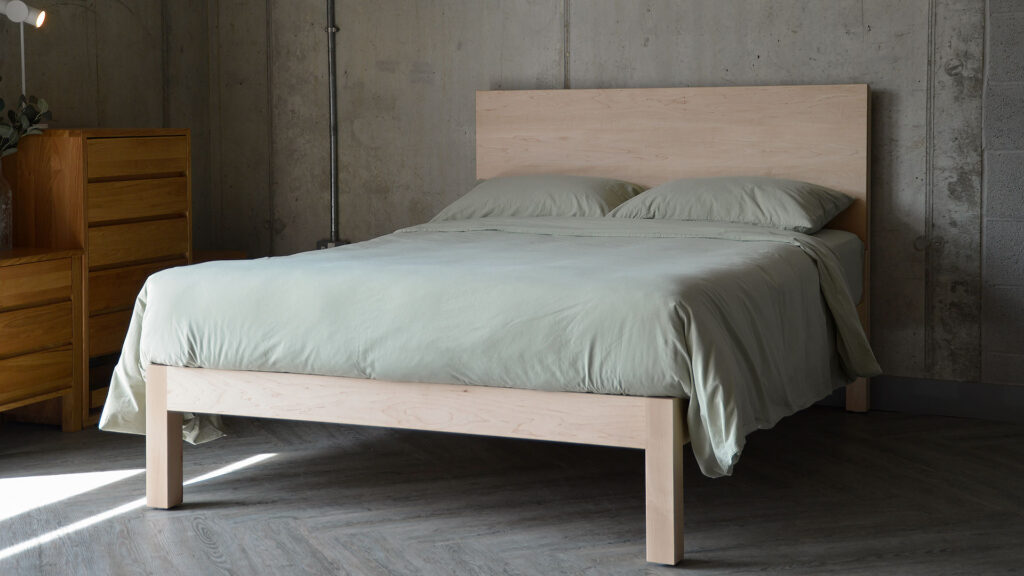 maple bamford bed with sage stonewash cotton bedding