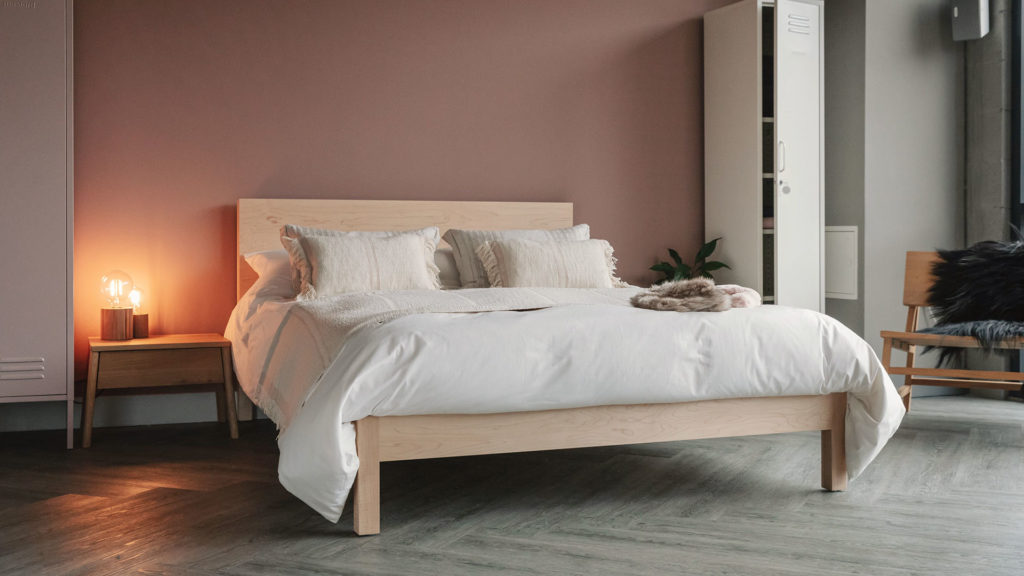 maple malabar bed with andas cushions in blush and oak AIR bedside unit