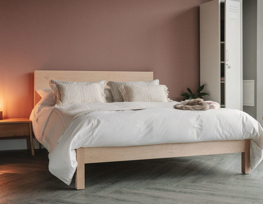 maple malabar bed with andas cushions in blush and oak AIR bedside unit